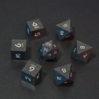 Set of 7 unlit Hematite Grey dice. Set Includes: 1 D20, 3 D8, 3 D6. Hematite Grey colorway is a fully opaque medium tone silver resin packed with rainbow glitter of various sizes. The numbers or symbols are painted pale white.