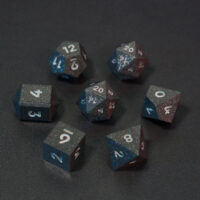 Set of 7 unlit Hematite Grey dice. Set Includes: 2 D20, 1 D12, 1 D10, 1 D8, 1 D6, 1 D4. Hematite Grey colorway is a fully opaque medium tone silver resin packed with rainbow glitter of various sizes. The numbers or symbols are painted pale white.