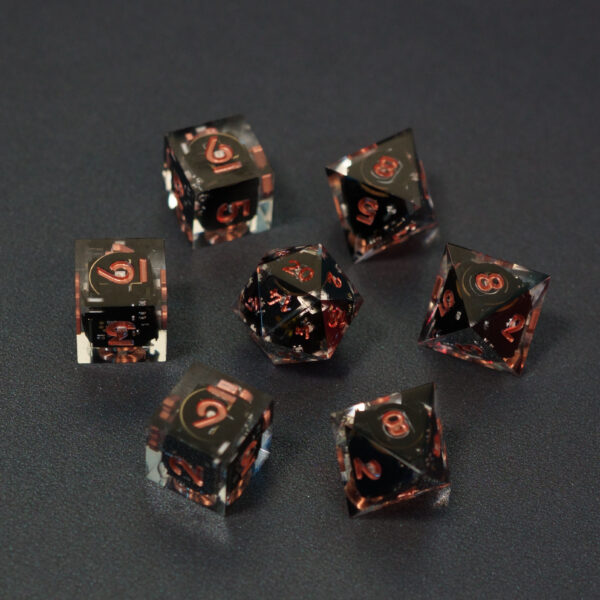 Set of 7 unlit Clear dice. Set Includes: 1 D20, 3 D8, 3 D6. Clear colorway is fully transparent resin allowing internal circuit board to be visible. The numbers or symbols are painted metallic copper.