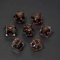 Set of 7 unlit Clear dice. Set Includes: 1 D20, 1 D12, 1 D10, 1 D8, 2 Pipped D6, 1 D4. Clear colorway is fully transparent resin allowing internal circuit board to be visible. The numbers or symbols are painted metallic copper.
