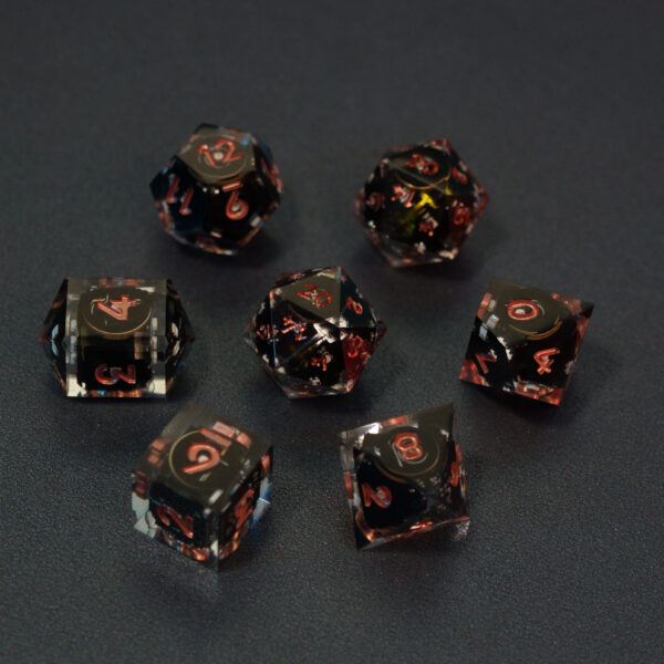 Set of 7 unlit Clear dice. Set Includes: 2 D20, 1 D12, 1 D10, 1 D8, 1 D6, 1 D4. Clear colorway is fully transparent resin allowing internal circuit board to be visible. The numbers or symbols are painted metallic copper.