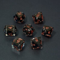 Set of 7 unlit Clear dice. Set Includes: 1 D20, 1 D12, 1 D00, 1 D10, 1 D8, 1 D6, 1 D4. Clear colorway is fully transparent resin allowing internal circuit board to be visible. The numbers or symbols are painted metallic copper.