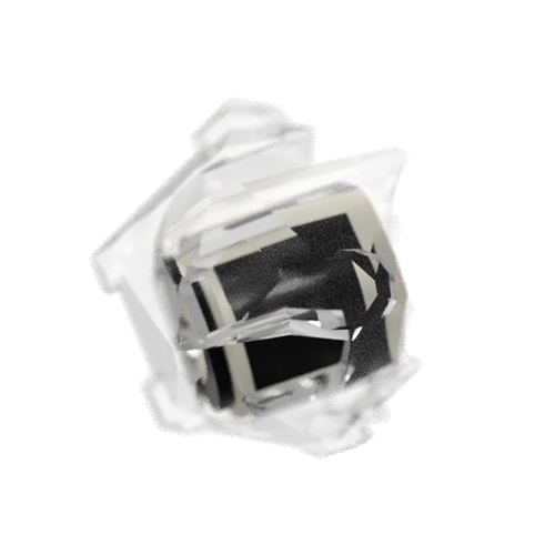 Render of cylindrical-shaped battery fit inside a clear caddy in a vague D20 shape.