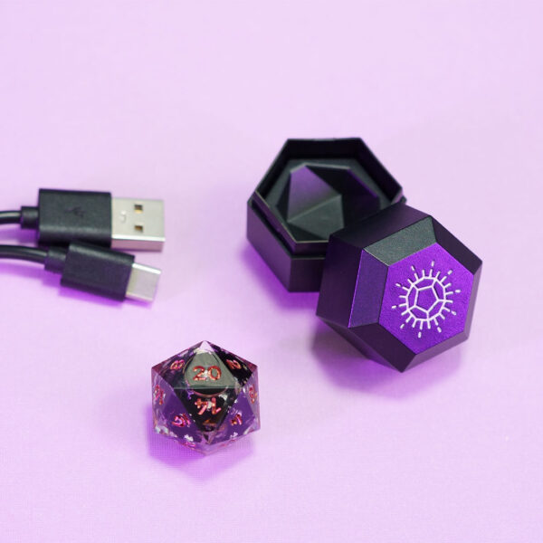 Unlit Clear D20 with a Single Charger and USB cable.