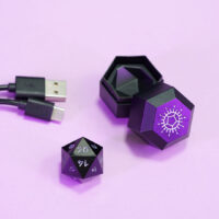 Unlit Onyx Black D20 with a Single Charger and USB cable.