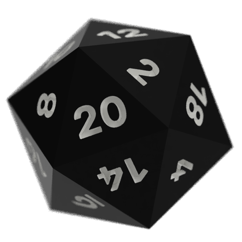 Render of a black D20 with white numbers.