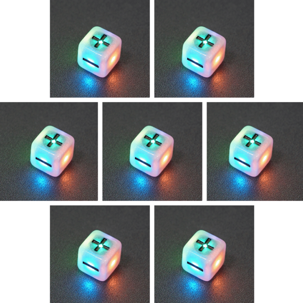 Collage of 7 lit Aurora Sky Fudge D6 with a rainbow of colors across each face. Aurora Sky colorway is a mostly translucent white resin base packed with small blue and silver glitter throughout. The numbers or symbols are painted metallic black.