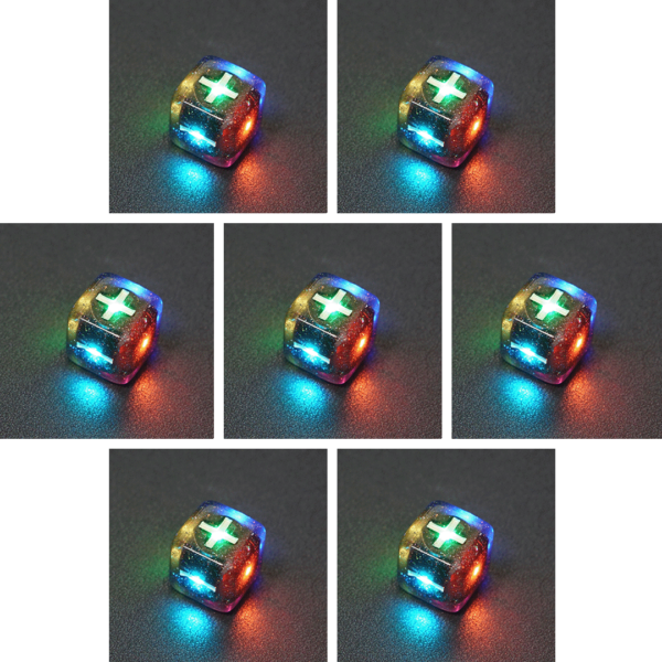 Collage of 7 lit Midnight Galaxy Fudge D6 with a rainbow of colors across each face. Midnight Galaxy colorway is a mostly translucent dark smoke black resin base packed with rainbow glitter of various sizes. The numbers or symbols are painted pearl white.