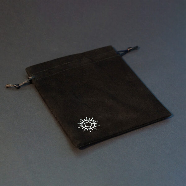 Square shaped black velvet drawstring bag with Pixels D12 shaped starburst logo in one corner.