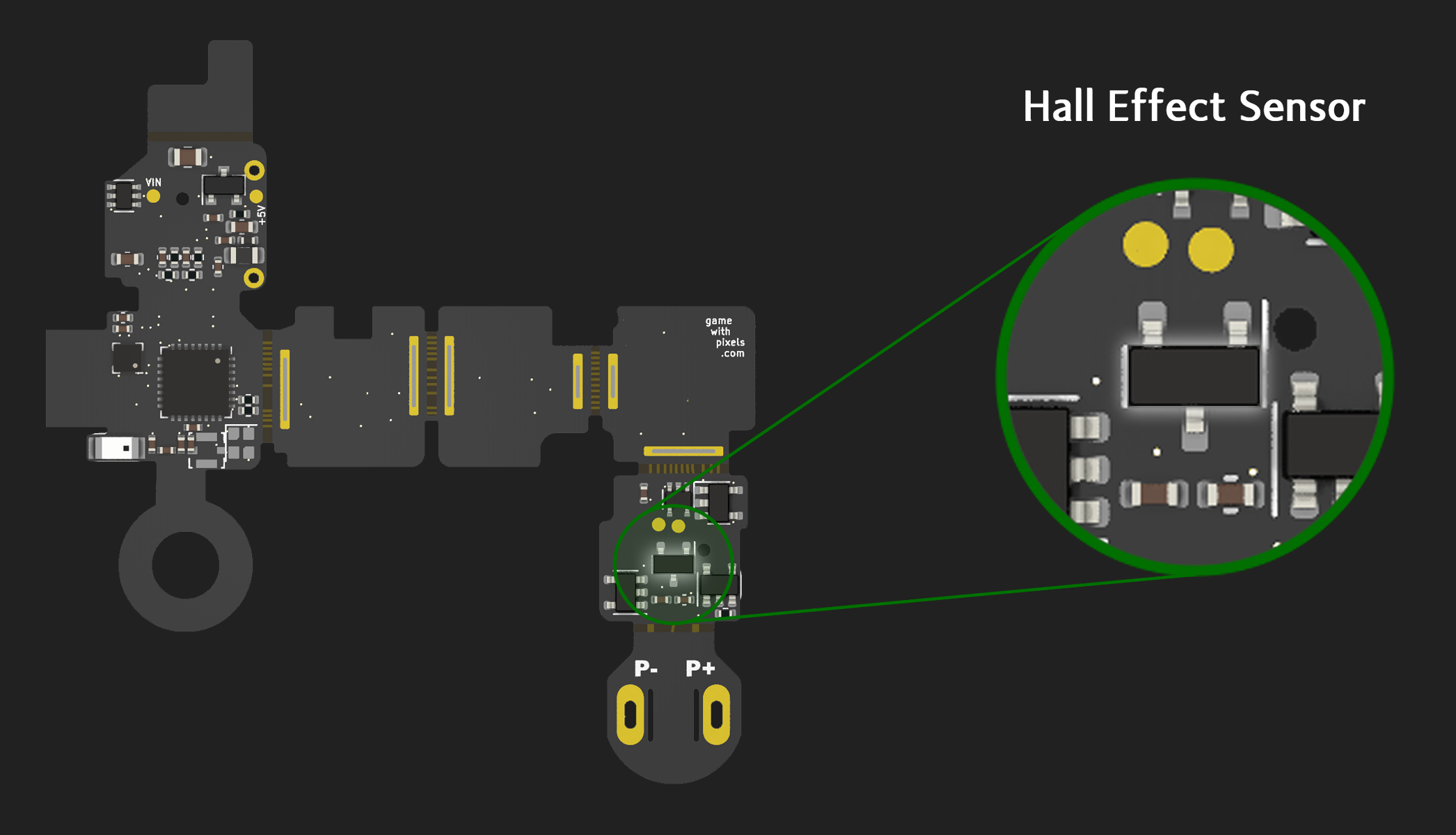 Render of unfolded circuit board for D6 highlighting the Hall Effect Sensor component.