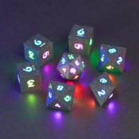 Set of 7 lit Hematite Grey dice with a rainbow of colors across all faces. Set Includes: 1 D20, 3 D8, 3 D6. Hematite Grey colorway is a fully opaque medium tone silver resin packed with rainbow glitter of various sizes. The numbers or symbols are painted pale white.